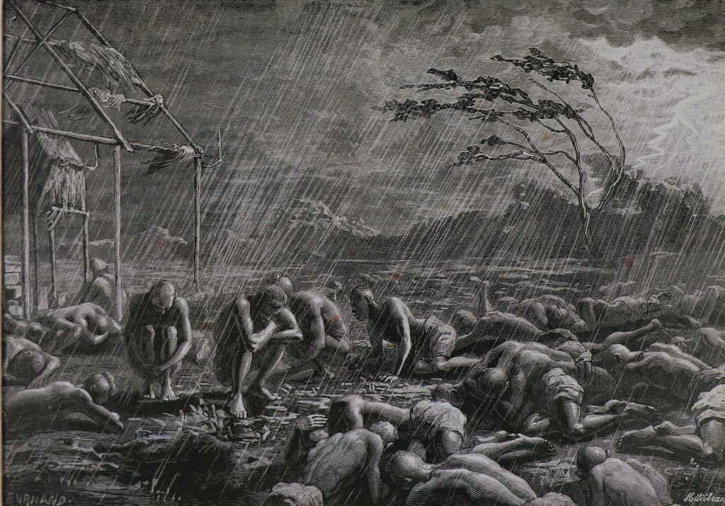 ຮູບພາບຂາວດໍາ ຜູ້ຄົນພາຍໃຕ້ພະຍຸລົມຝົນ