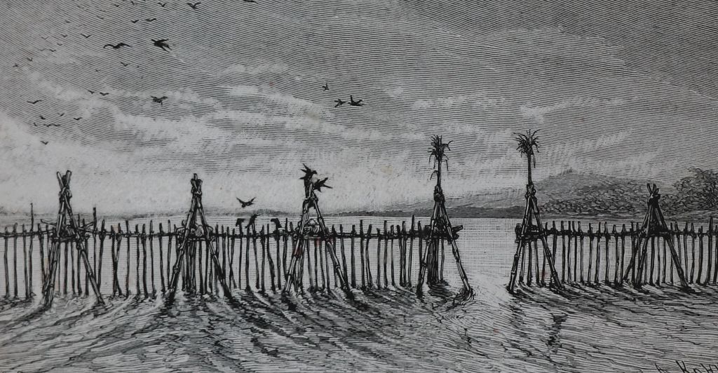 ຮູບພາບຂາວດໍາ  ການປະມົງທີ່ແມ່ນໍ້າຄານ ປີ 1885