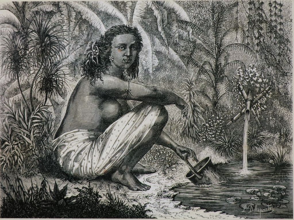 ຮູບພາບຂາວດໍາ  ແມ່ຍິງນັ່ງຕັກນໍ້າ