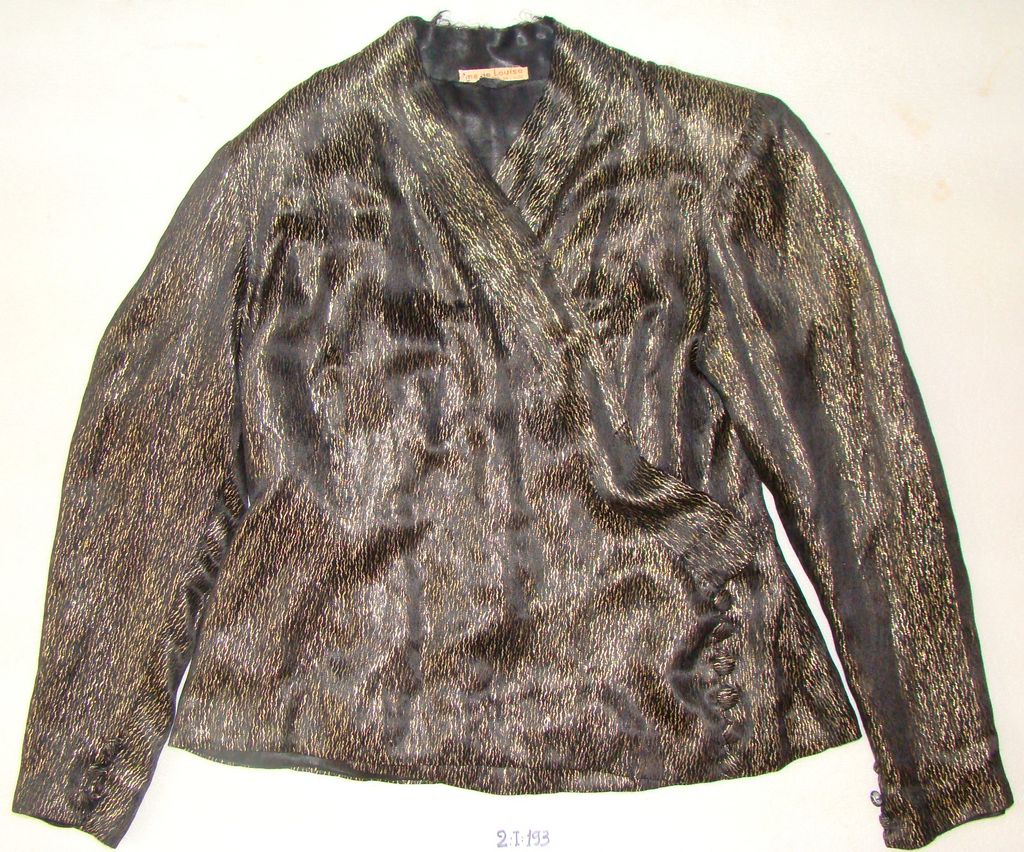 ເສື້ອຄໍປ້າຍ ຜ້າໄໝ ສີດໍາ ລາຍນໍ້າໄຫຼ ໄໝຄໍາ.